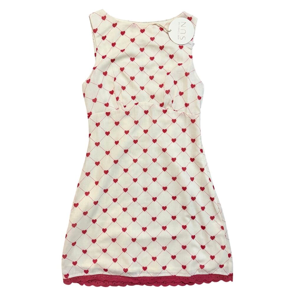 Here Comes The Sun Cream Red Heart Print Sleeveless Mini Dress NWT- S
